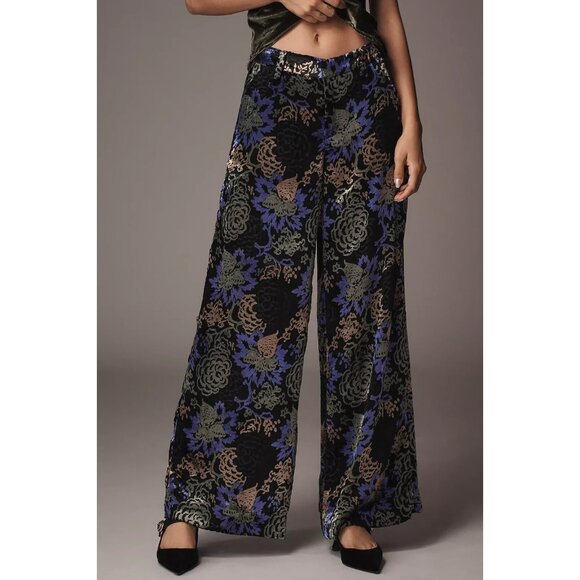 By Anthropologie Dark Florals Velvet Wide Leg Pants 0